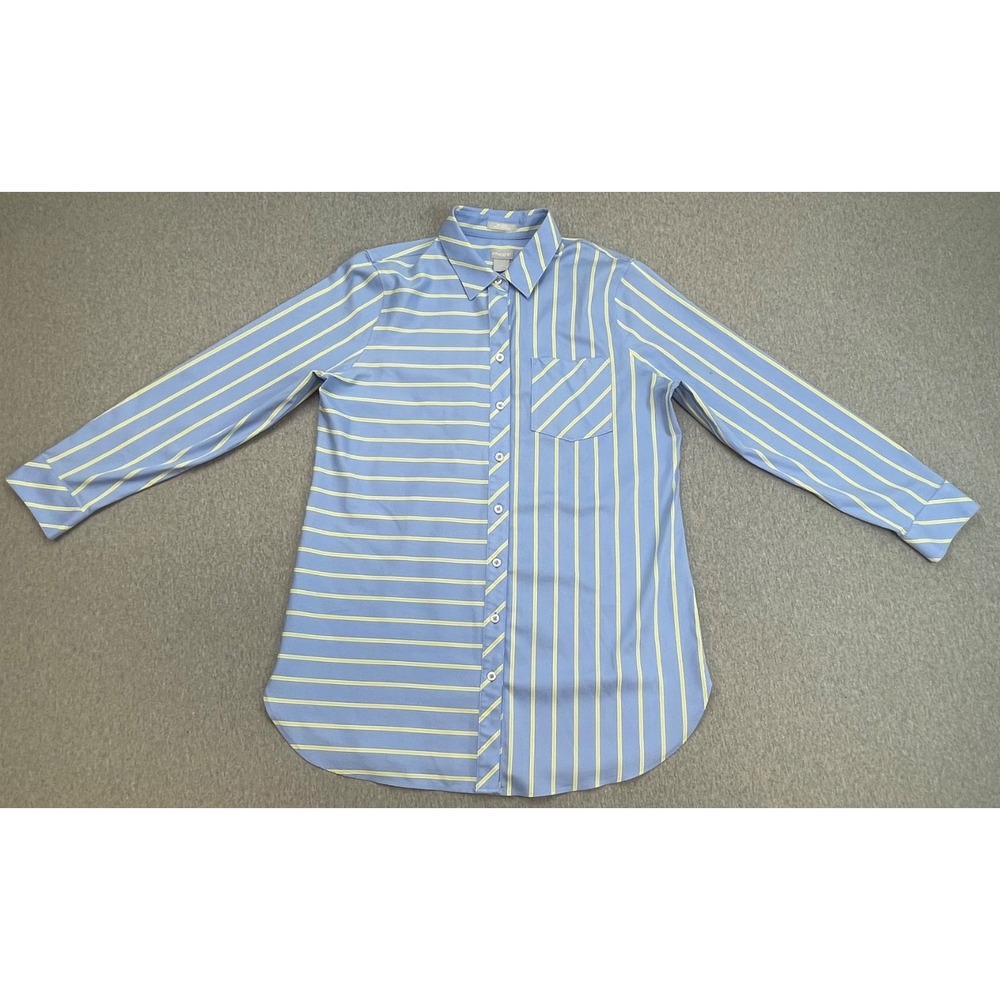 Chicos Shirt Womens 1 (US 8) Striped Cotton Blend Stretch Pocket Tunic Button Up